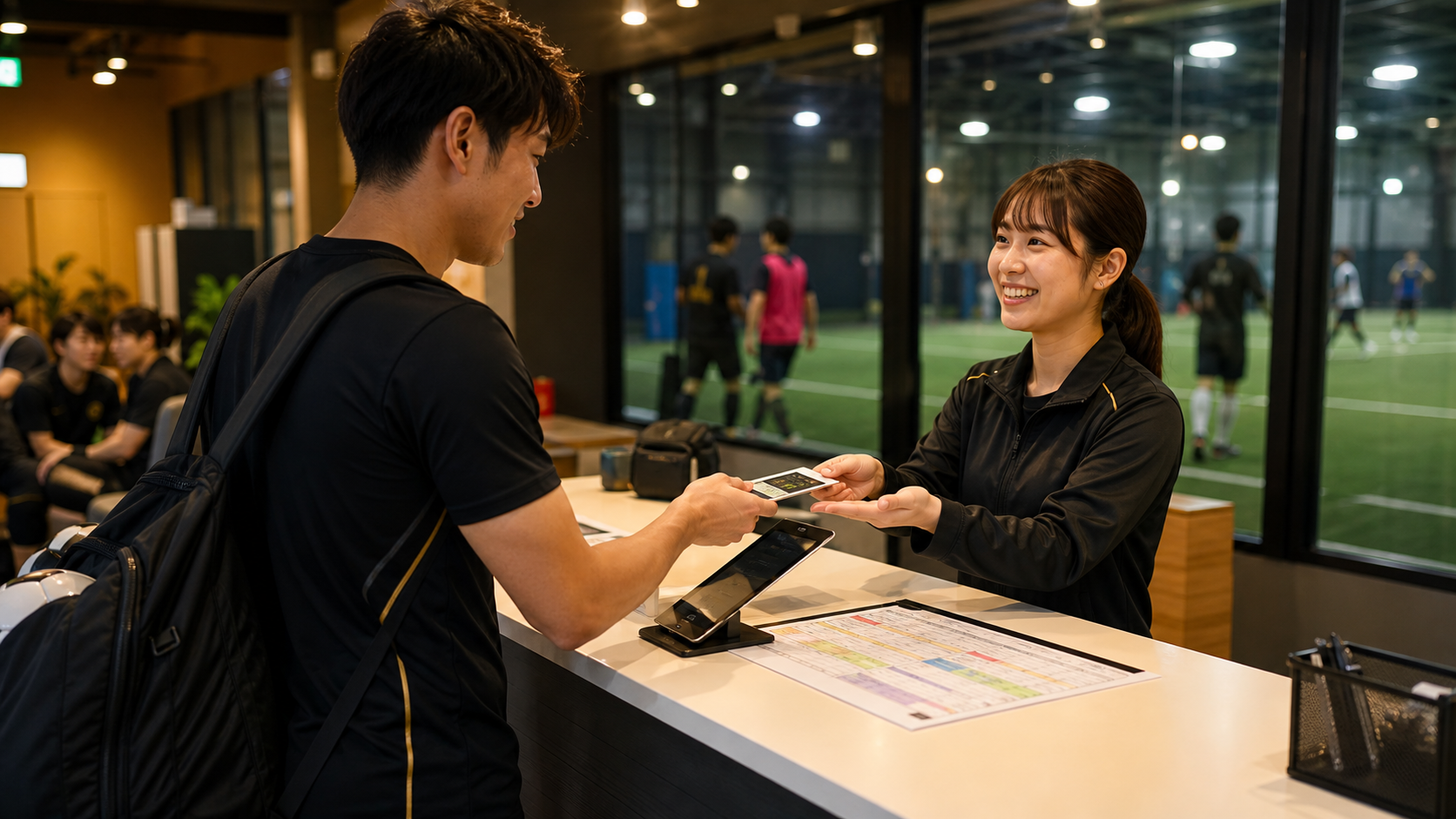 フットサル施設の受付で会員チェックインをするイメージ
