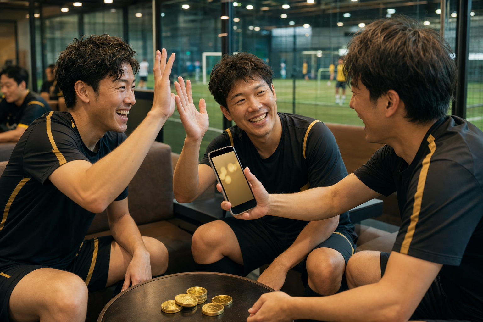 試合後に仲間とポイント獲得を喜ぶイメージ